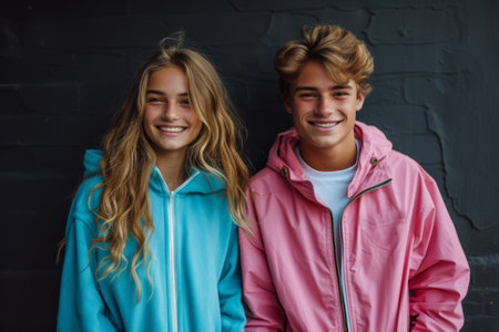 A young couple in pink and blue clothes on black . Fender party.の素材