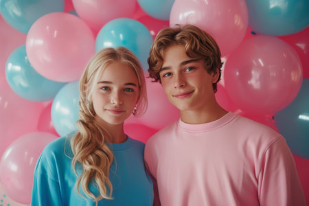 A young couple on a background of pink and blue balloons. Gender partyの素材