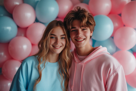 A young couple on a background of pink and blue balloons. Gender partyの素材