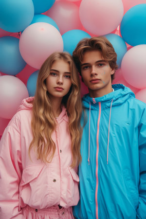 A young couple on a background of pink and blue balloons. Gender partyの素材