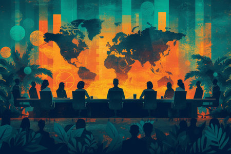 The leaders of the countries gathered at the table to discuss pressing issues and problems in the world. Illustration.の素材
