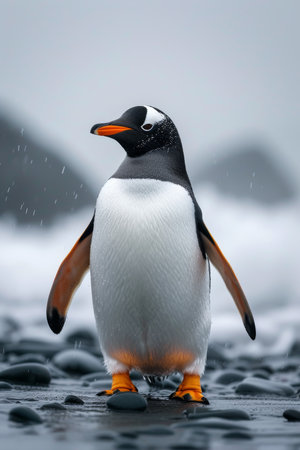 A penguin walks on the beach in winter.の素材