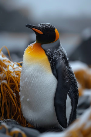 A penguin walks on the beach in winter.の素材