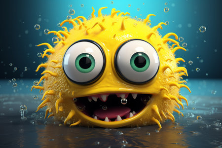Funny yellow virus with a facial expression. 3d illustration.の素材