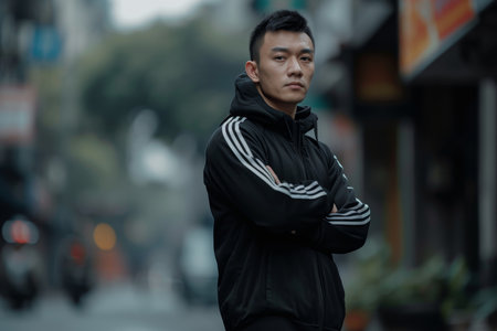 Portrait of a man in a retro black tracksuit from the 90s. Stylish hipster in a tracksuit on the street.の素材
