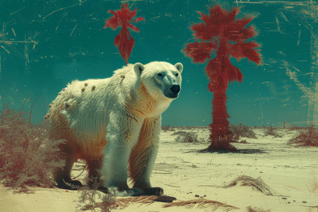 A polar bear walking through an arid desert, the concept of climate change.の素材