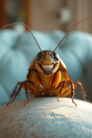 A big cockroach is sitting on the toilet in the toilet.の素材