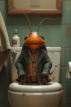 A big cockroach is sitting on the toilet in the toilet.の素材
