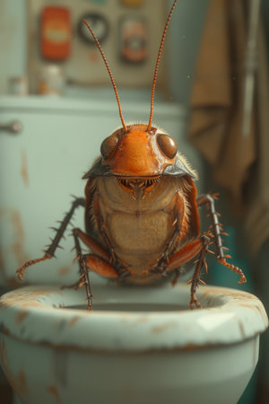 A big cockroach is sitting on the toilet in the toilet.の素材