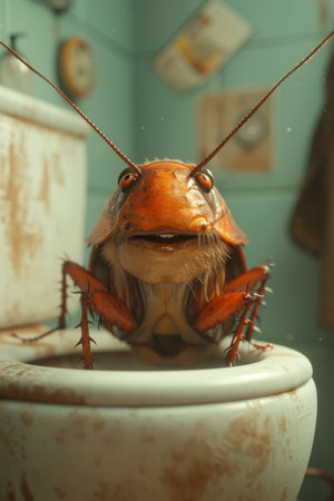 A big cockroach is sitting on the toilet in the toilet.の素材