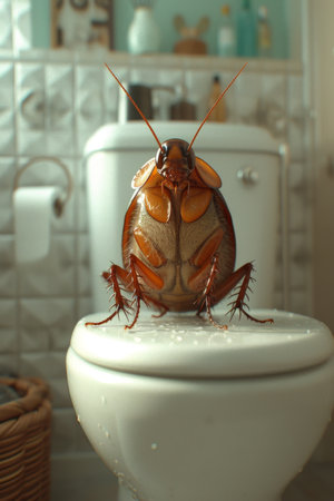 A big cockroach is sitting on the toilet in the toilet.の素材