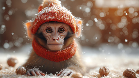 Funny monkey in a warm hat sitting in a home interior.の素材