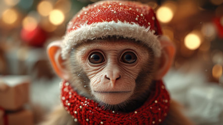 Funny monkey in a warm hat sitting in a home interior.の素材