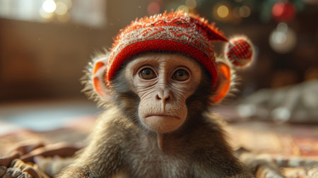 Funny monkey in a warm hat sitting in a home interior.の素材