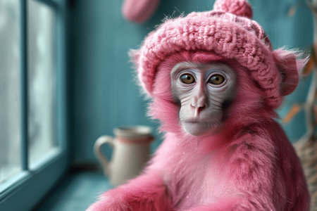 A pink monkey in a warm hat sitting in a blue interior.の素材