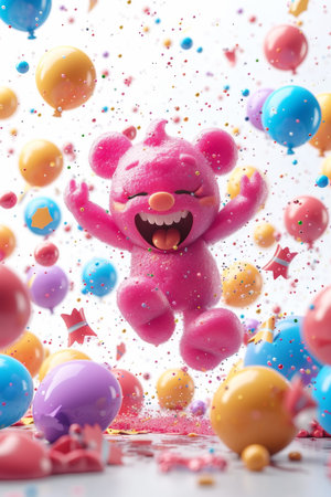 A cheerful cartoon pink character is having fun on the background of festive balloons. The concept of the holiday. 3d illustration.の素材