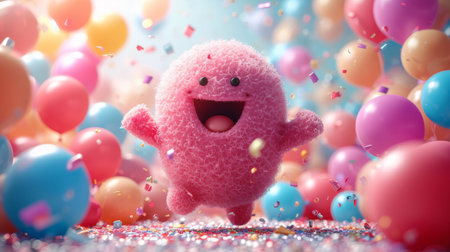 A happy cartoon fluffy character runs against the background of festive balloons. The concept of the holiday. 3d illustration.の素材