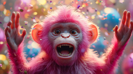 A cheerful pink monkey on the background of festive balloons. The concept of the holiday.の素材