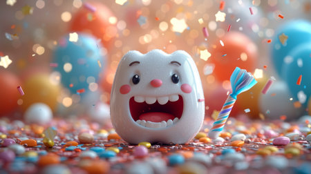 A happy smiling tooth on a festive background with colorful balls. the concept of a clean tooth. 3d illustration.の素材