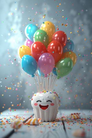 A happy smiling tooth on a festive background with colorful balls. the concept of a clean tooth. 3d illustration.の素材