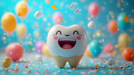 A happy smiling tooth on a festive background with colorful balls. the concept of a clean tooth. 3d illustration.の素材