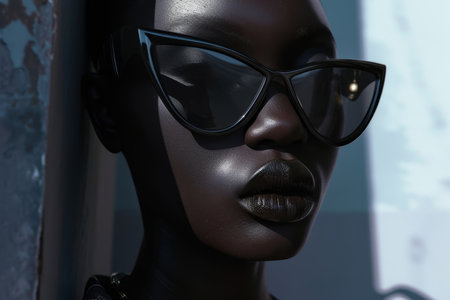 Close-up of a portrait of a glamorous African female model in black glasses.の素材