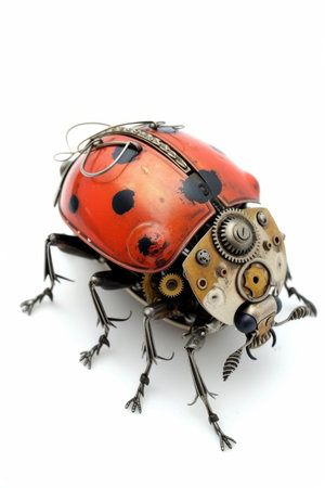 a mechanical ladybug on a white background. A beetle with mechanisms and gears on a white background.の素材