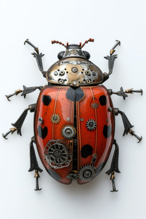 a mechanical ladybug on a white background. A beetle with mechanisms and gears on a white background.の素材