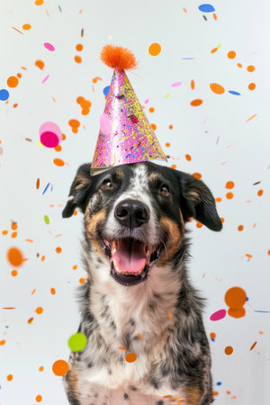 A dog as a surprise, with a triangular hood on his head and falling confetti on a white background.の素材