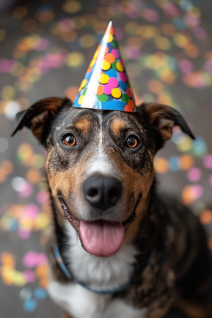 A dog as a surprise, with a triangular hood on his head and falling confetti on a blurred background.の素材
