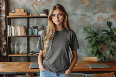A girl in glasses and a gray T-shirt stands in the interior of the office.の素材