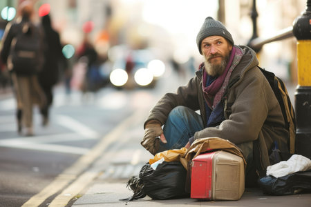 a homeless man on a city street. A Lonely Homeless Man.の素材