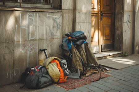 a homeless man on a city street. A Lonely Homeless Man.の素材