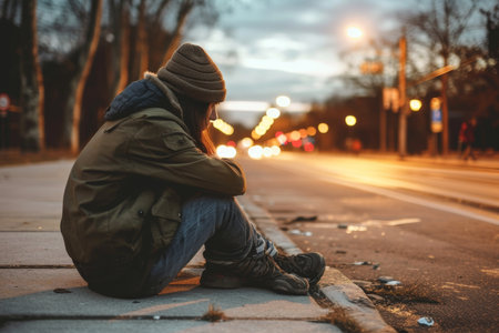 a homeless man on a city street. A Lonely Homeless Man.の素材