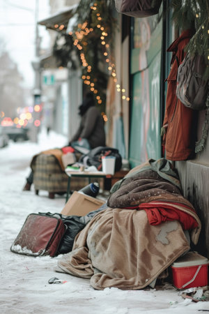 a homeless man on a city street. A Lonely Homeless Man.の素材