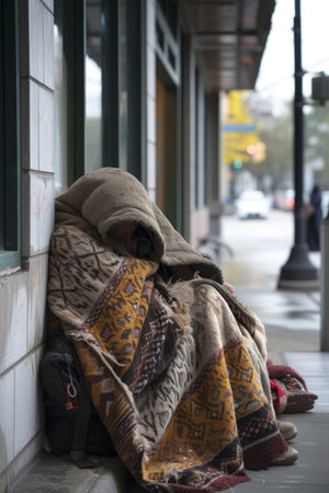 a homeless man on a city street. A Lonely Homeless Man.の素材