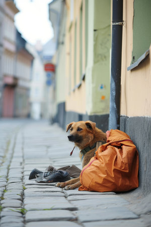 An old stray dog sitting near a wall on the street.の素材