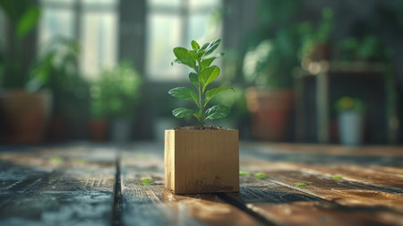 A young green plant in an eco-pot on the floor, a germinating seed in a craft paper pot.の素材