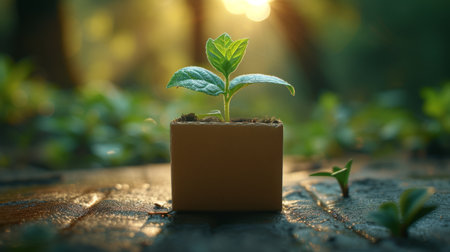 A young green plant in an eco-pot on the table, a germinating seed in a glass at sunset.の素材