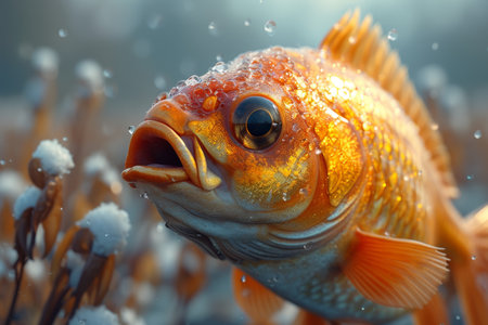 The cartoon character of the golden perch. The concept of fishing. 3d illustration.の素材