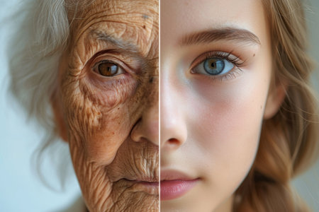 The face of a young girl and an elderly woman with wrinkles. The concept of aging and skin care.の素材