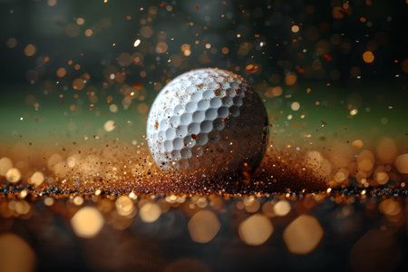 A golf ball lies on a green lawn at sunset. Golf at sunset.の素材