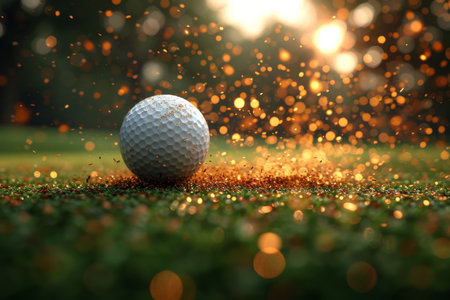 A golf ball lies on a green lawn at sunset. Golf at sunset.の素材