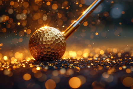 Hitting a Golden golf ball lying on the lawn at sunset with a club is the ultimate victory of golf.の素材