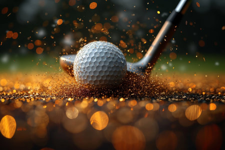 Hitting the ball with a golf club. Golf at sunset.の素材