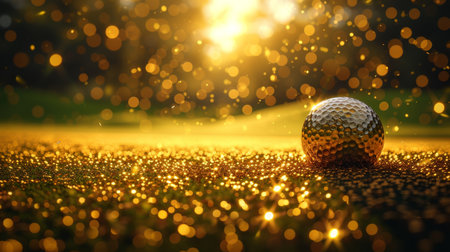 The golden golf ball lies on the lawn at sunset - the ultimate victory of golf.の素材