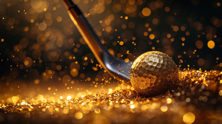 Hitting a Golden golf ball lying on the lawn at sunset with a club is the ultimate victory of golf.の素材