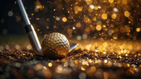 Hitting a Golden golf ball lying on the lawn at sunset with a club is the ultimate victory of golf.の素材