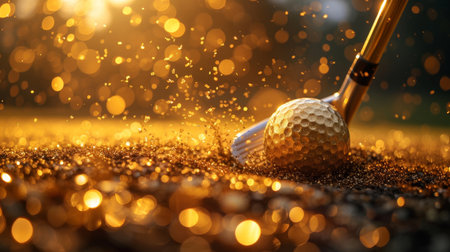 Hitting a Golden golf ball lying on the lawn at sunset with a club is the ultimate victory of golf.の素材
