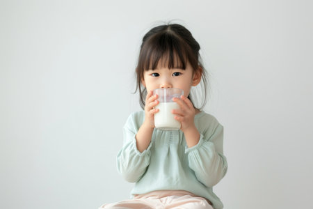 Cute little Asian girl drinking milk on a light background.の素材